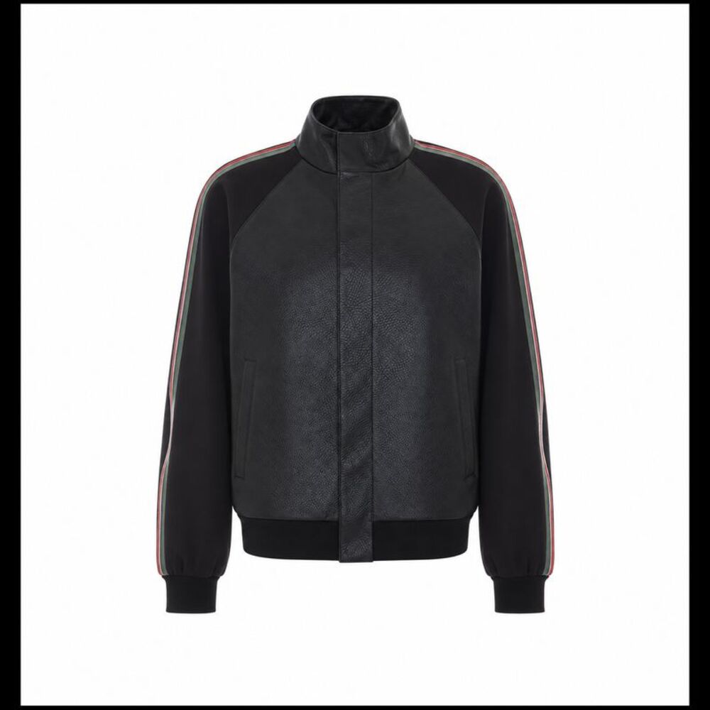 Gucci Men Grany Leather With Web Bomber Jacket